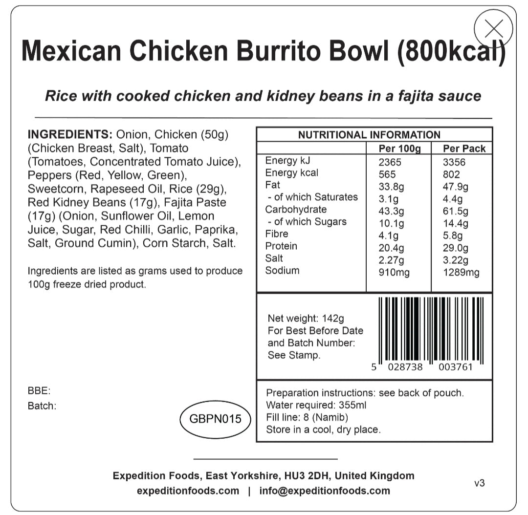 MEXICAN CHICKEN BURRITO BOWL | FREEZE-DRIED MEAL 800kcal