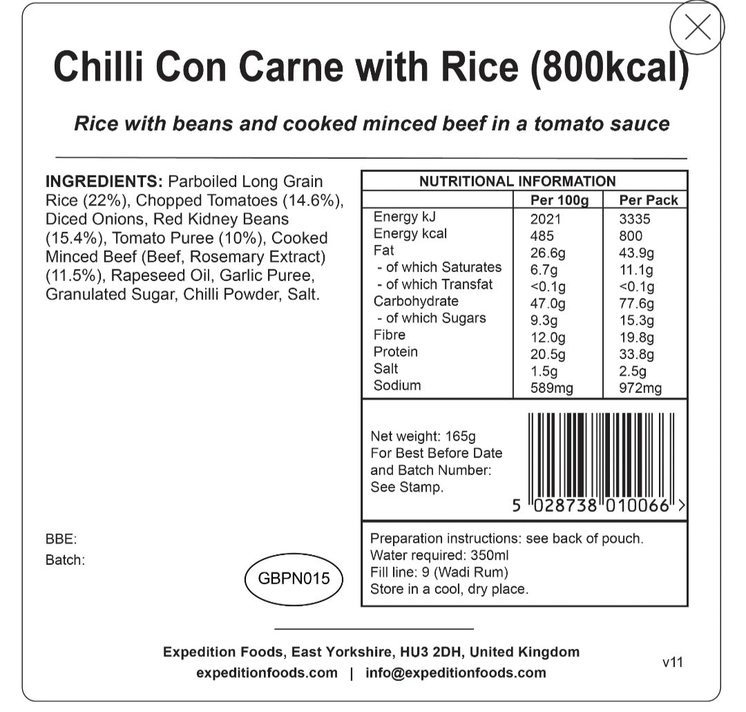 CHILLI CON CARNE WITH RICE | FREEZE-DRIED MEAL 800kcal